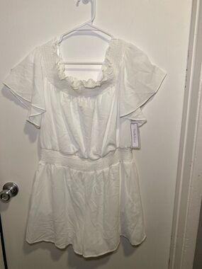 White Ruffle-Smock Mini Dress with Flutter Sleeves